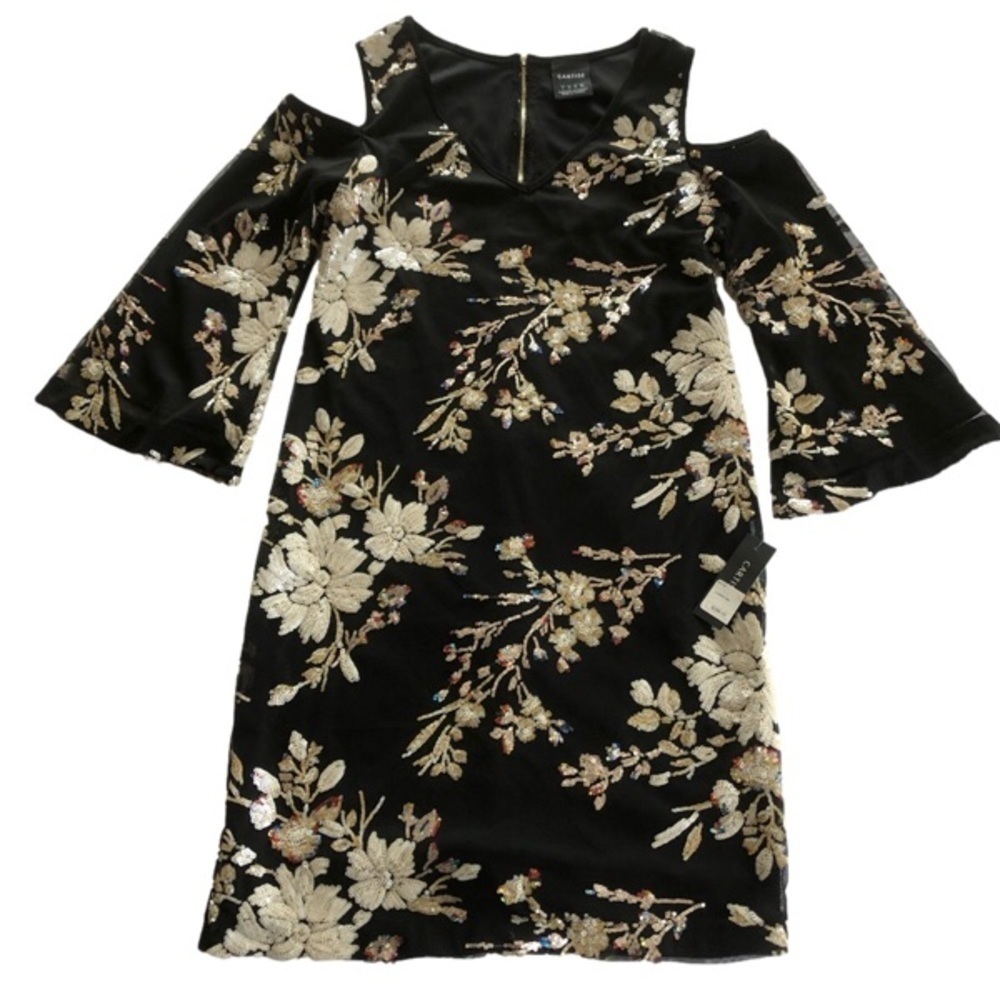 NWT CARTISE Black Sequins Flowers Overlay Peak-a-boo Shoulder Dress Size 6